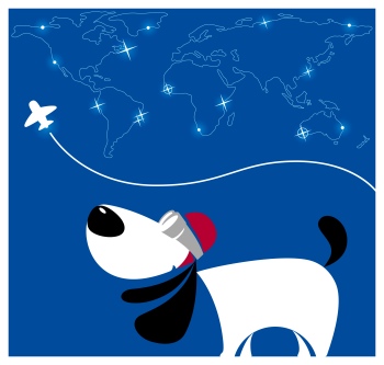 A pilot dog with a plane and a world map